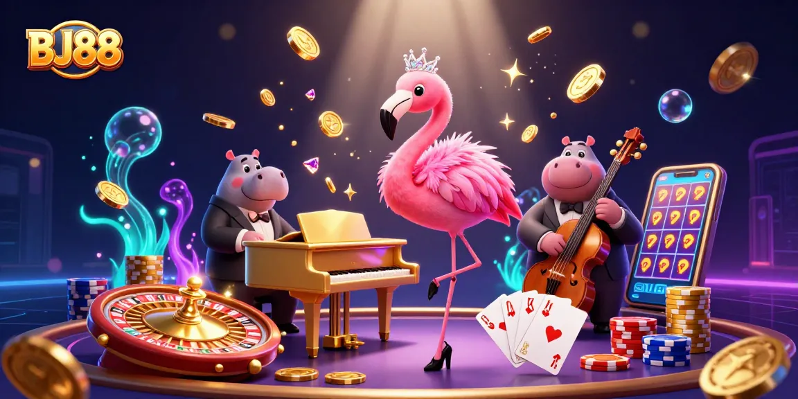 BJ88 captivates players with vibrant casino characters and dynamic gaming elements in a lively illustration
