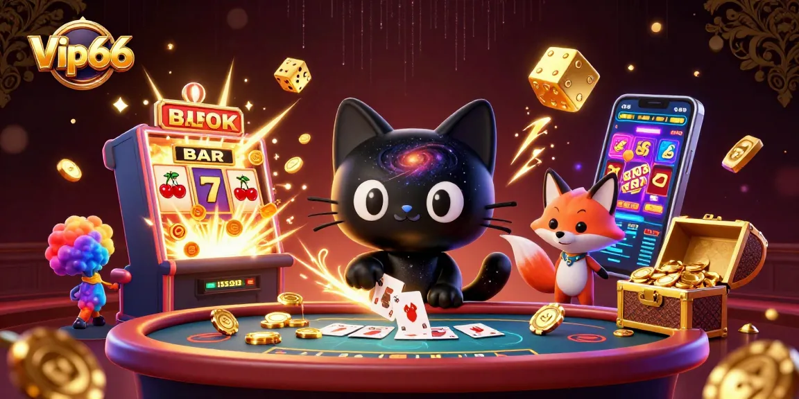 Experience the excitement of casino gaming with Vip66, featuring a vibrant cosmic scene filled with winning symbols and colorful characters.