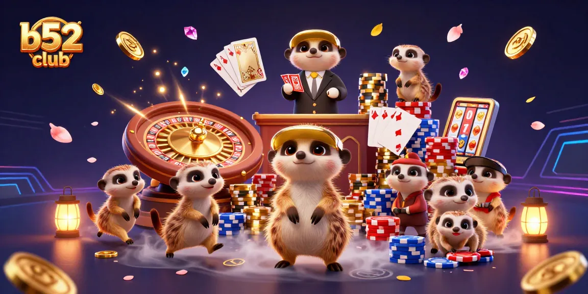 b52club meerkats hosting an imaginative casino scene with vibrant games and dynamic visuals.