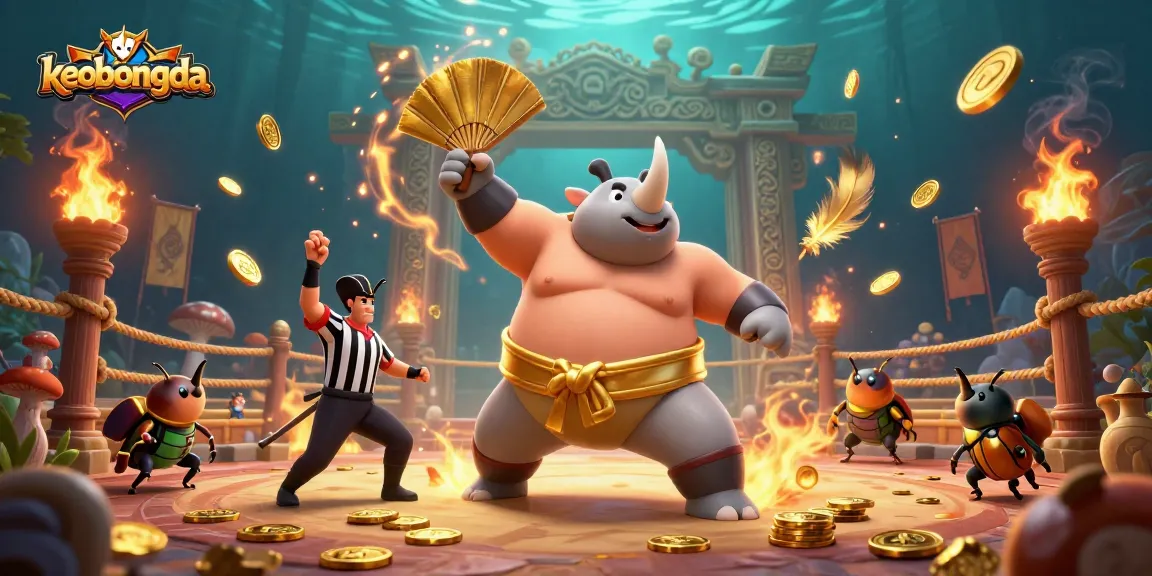 Experience thrilling keobongda action with a stunning illustration of a sumo champion beetle and exciting casino elements.