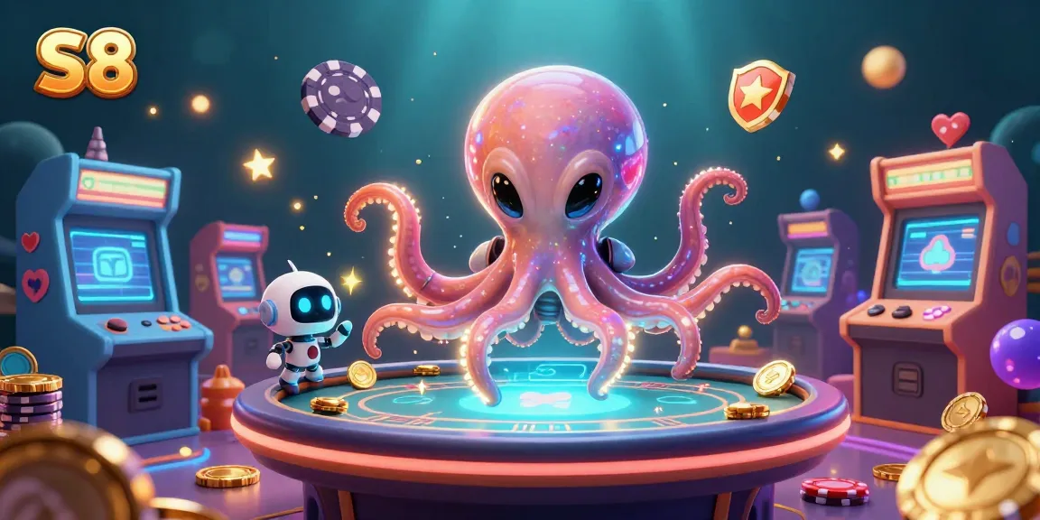 S8’s vibrant alien octopus deals poker at a floating table surrounded by gaming elements, showcasing lively casino action.