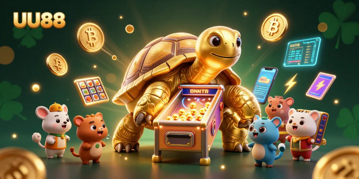 Spin to win at UU88 with a vibrant 3D casino illustration showing a tortoise pinball machine.