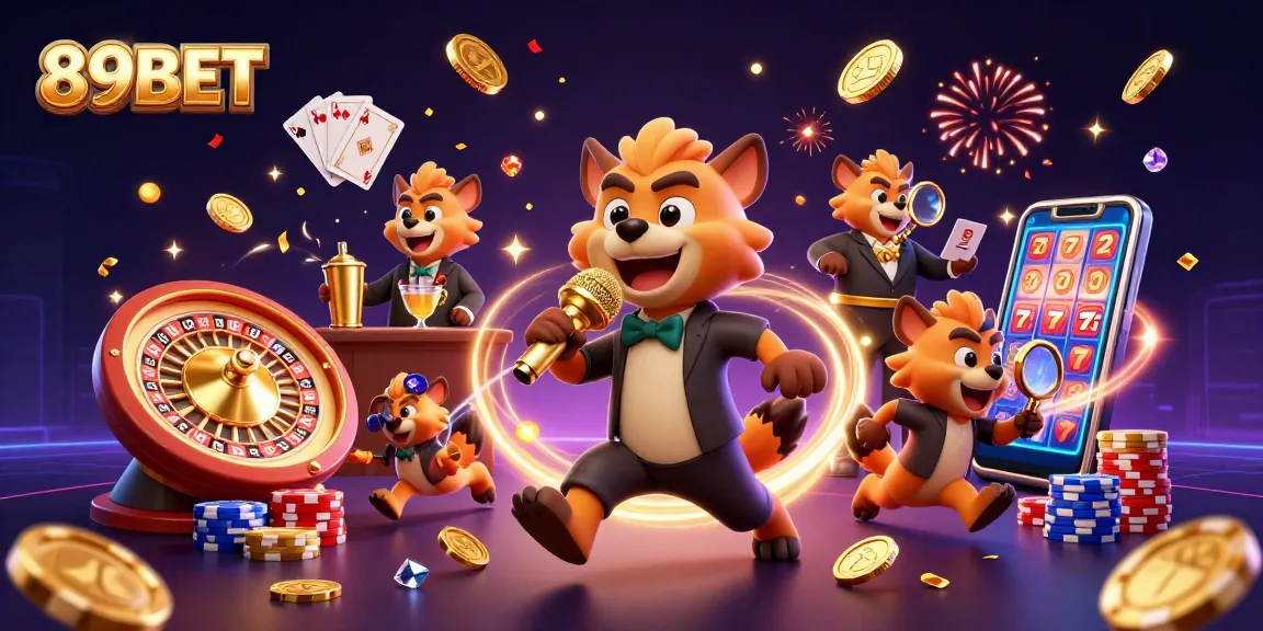 Experience the excitement at 89BET casino with a lively hyena comedy club scene featuring slots, roulette, and poker.