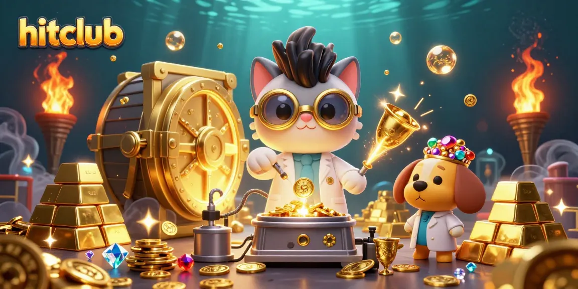 Experience exhilarating wins with hitclub in this vibrant casino-inspired scene filled with gold and gems.