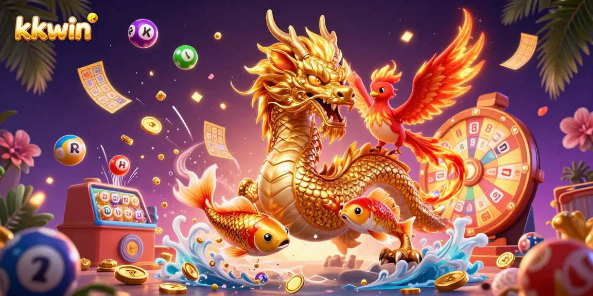 Engage with kkwin's thrilling atmosphere through dynamic lottery and casino illustrations.
