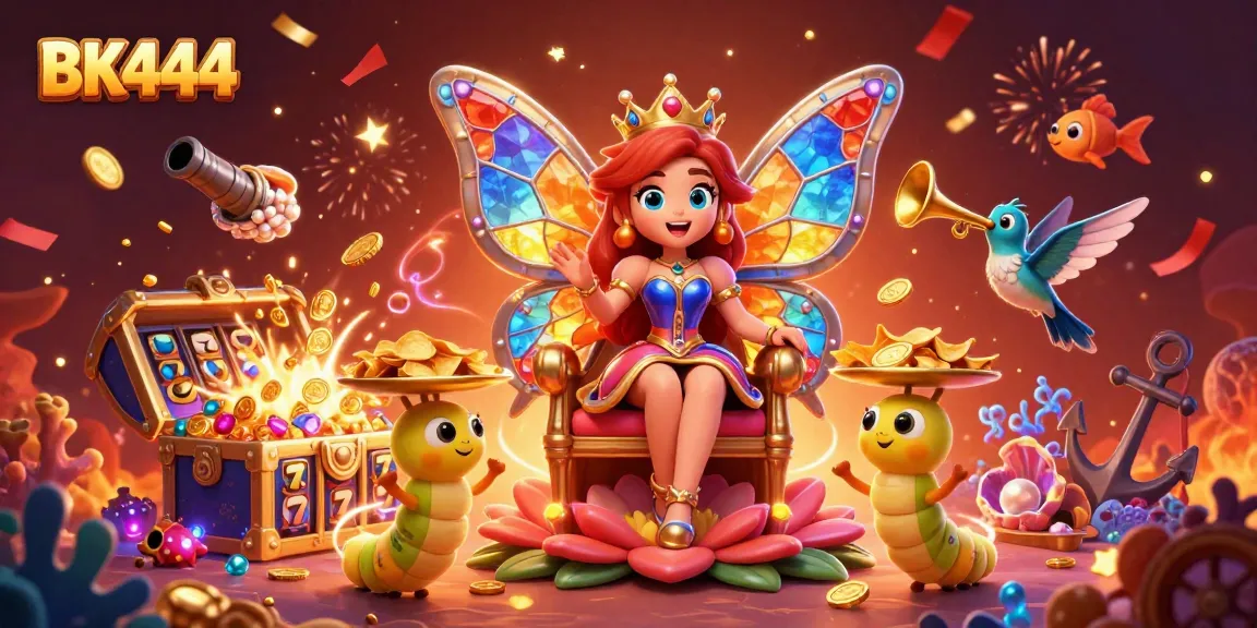 Experience the excitement of BK444 with a vibrant casino thematic illustration full of colorful games and rewards.