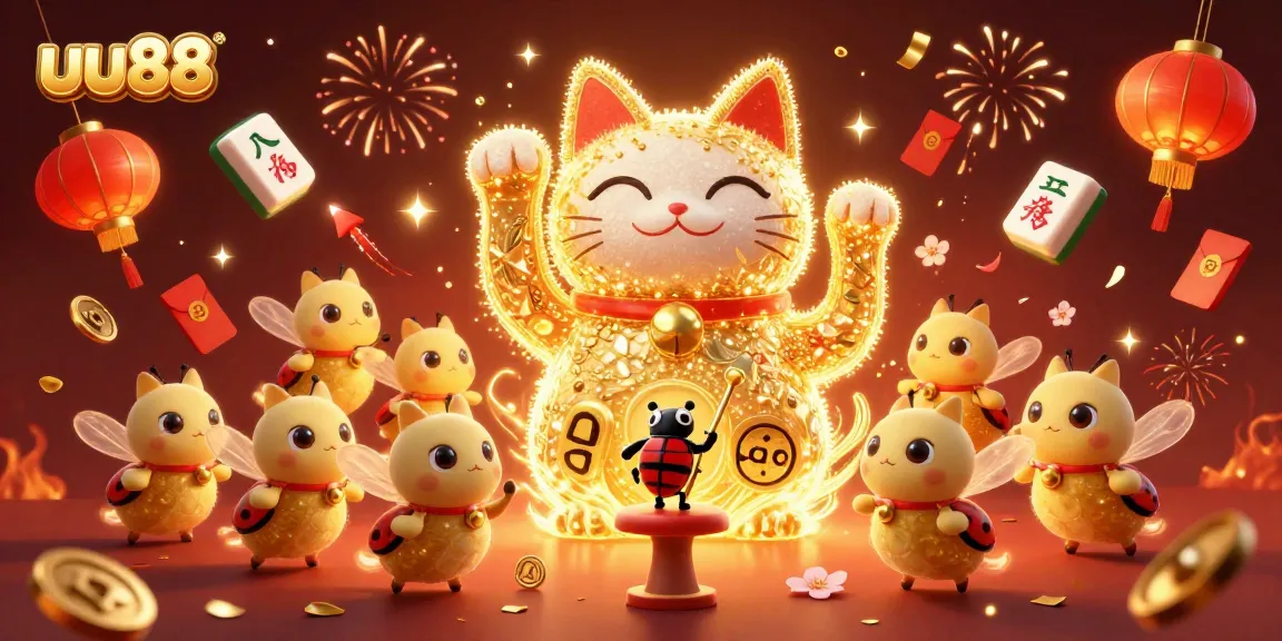 Experience the thrilling charm of uu88 with a vibrant illustration featuring lucky symbols and fireworks.