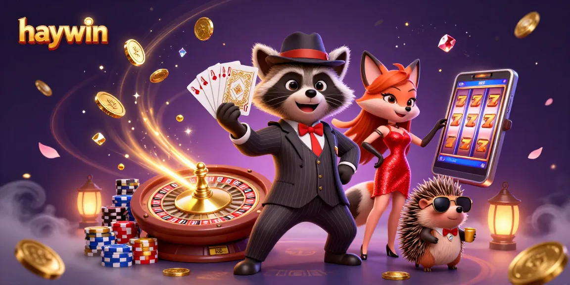 Experience thrilling gameplay at Haywin with a suave raccoon, stunning fox, and bouncer in a vibrant casino setting.