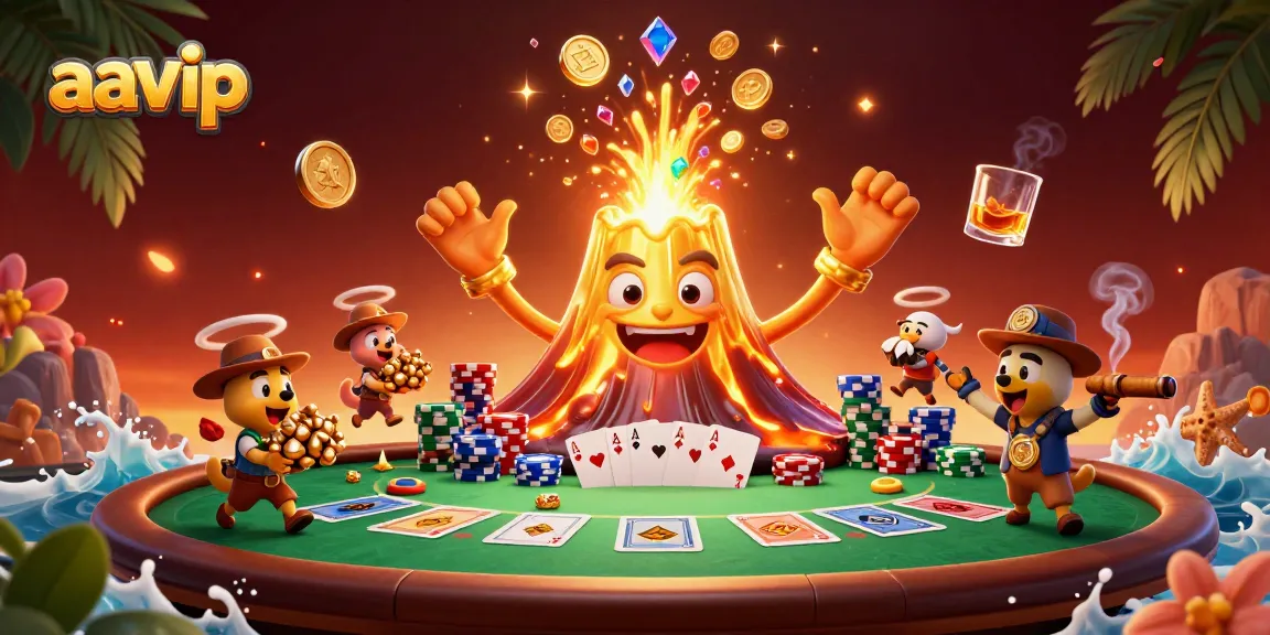 aavip showcases a vibrant casino scene with a golden volcano erupting treasures amidst poker elements.
