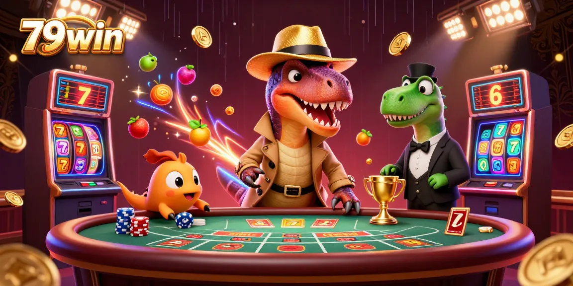 Play blackjack with 79win featuring a velociaptor card counter and colorful slot symbols.