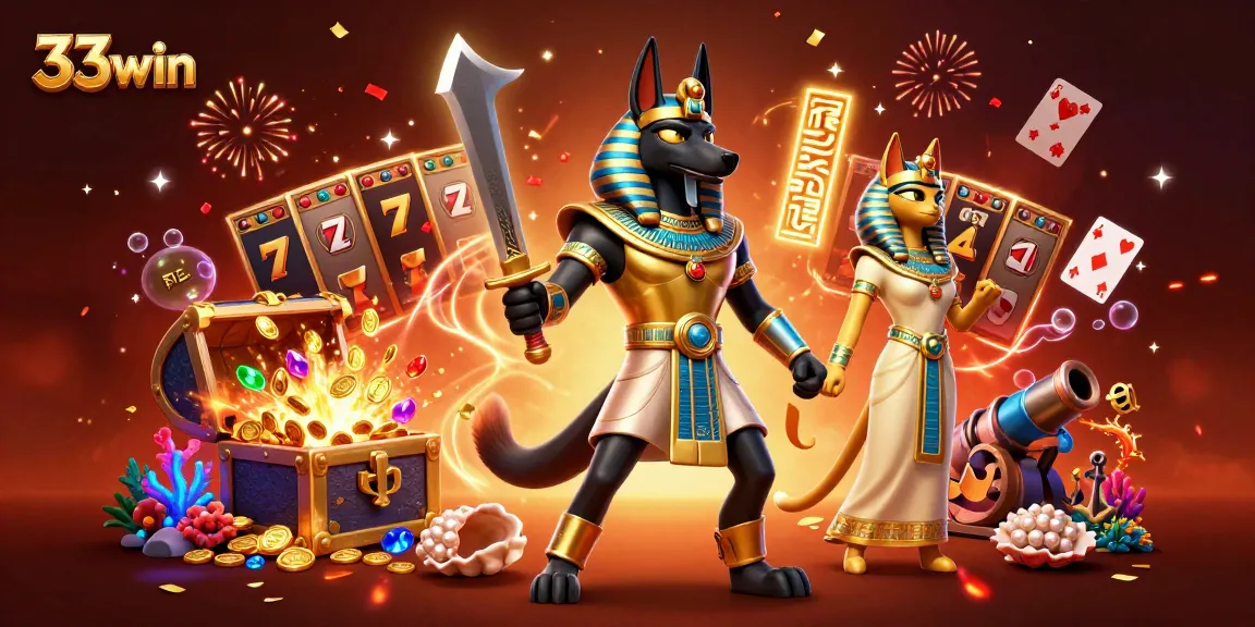 Experience the thrill of mastering 33win slots with Anubis and Bastet in a vibrant casino scene.