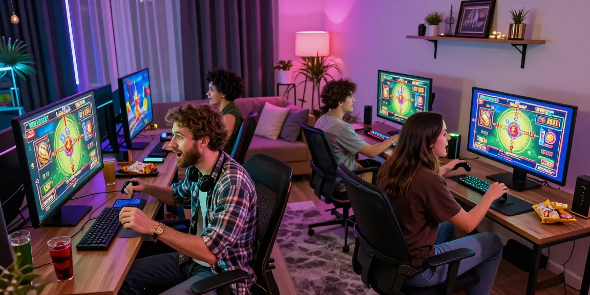 Friends enjoying an exciting online slot game in a vibrant gaming setup.