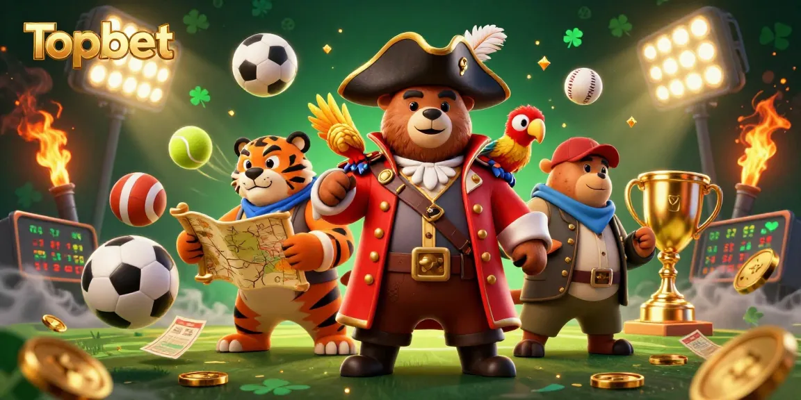 Participate in exciting games at Topbet with a lively scene of animated characters and sports elements.