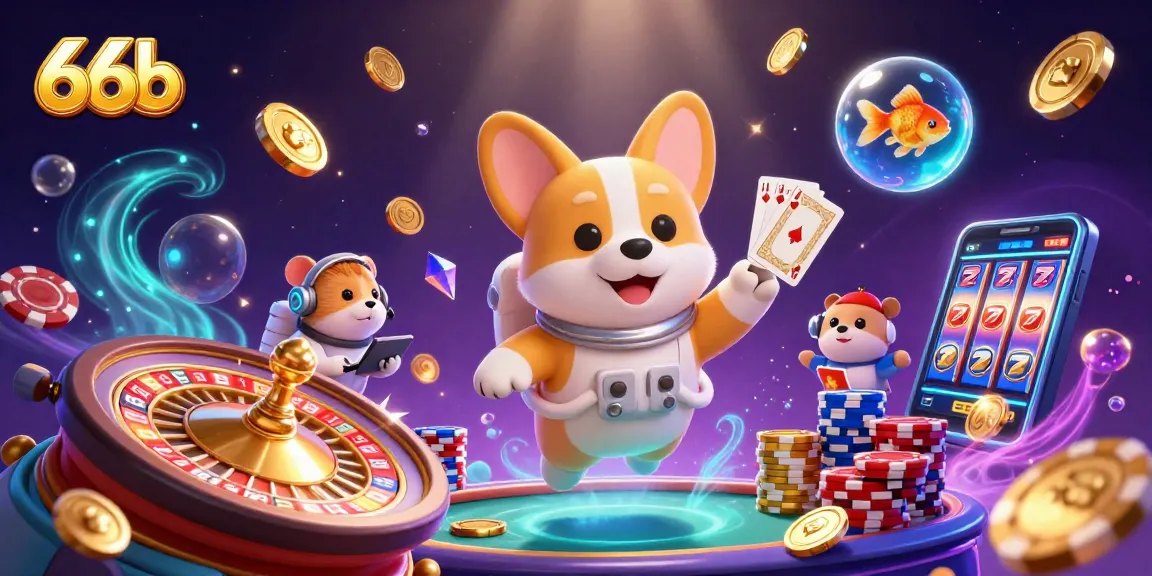 Engage in exciting gambling with 66b while a corgi plays in a space casino.