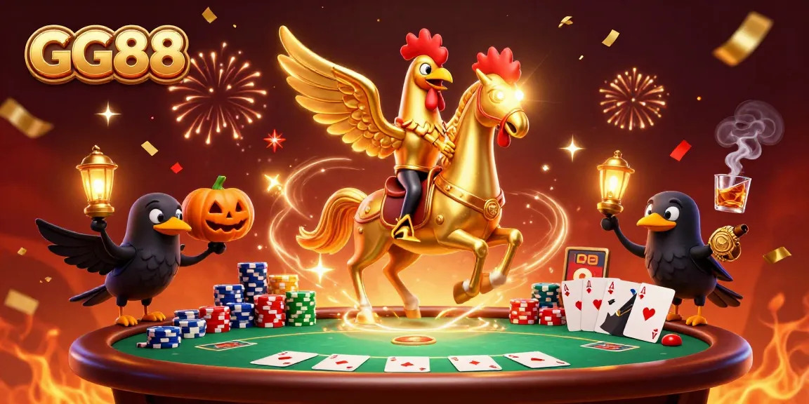 Experience thrilling GG88 casino adventures with golden rooster and friends in a vivid night scene.