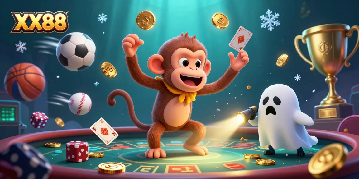 Join the excitement at XX88 with a lively illustration of a mischievous monkey juggling golden casino games and a curious puppy tracking it.