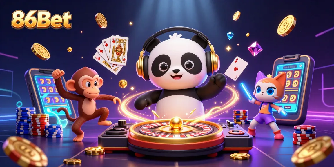 Spin and win at 86Bet with vibrant casino characters in an epic gambling scene.