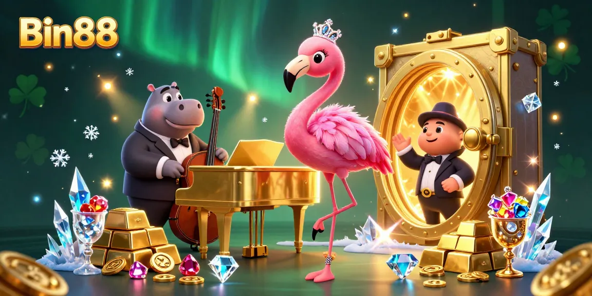 Experience the thrill at Bin88 with glamorous flamingos and treasures in a vibrant casino scene.