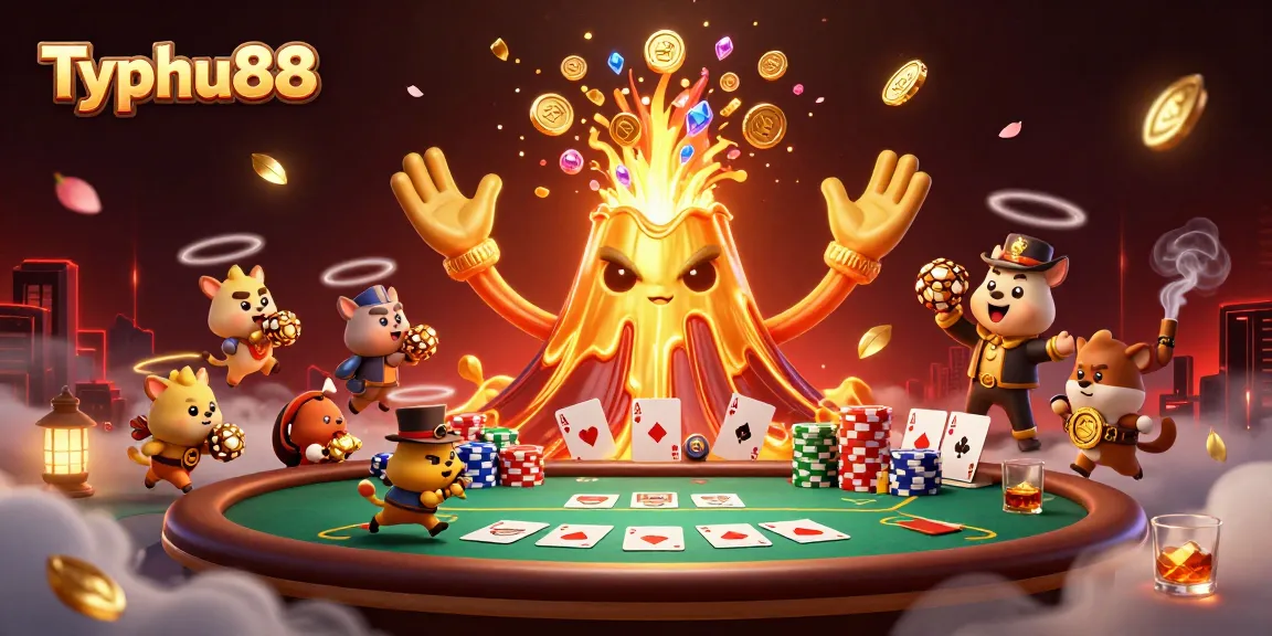 Experience Typhu88's thrilling scene with golden volcano, treasure, and poker elements energizing the casinos.