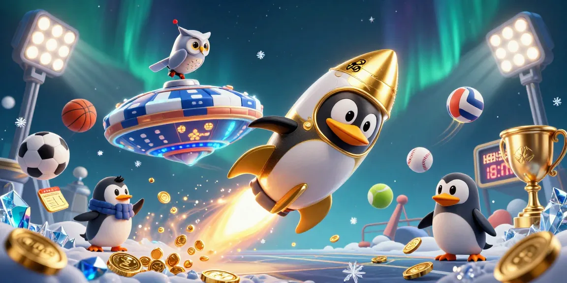 HH88 penguin racing through space with coins and sports elements for online gambling excitement