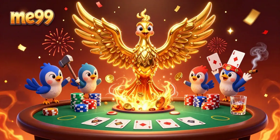 Experience thrilling gaming with me99 as golden phoenix brings luck in a vibrant casino scene.
