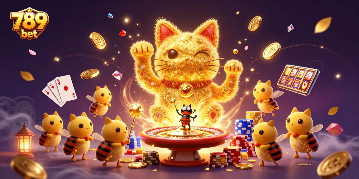 Join the excitement of 789 bet, featuring a giant lucky cat and spectacular casino symbols.