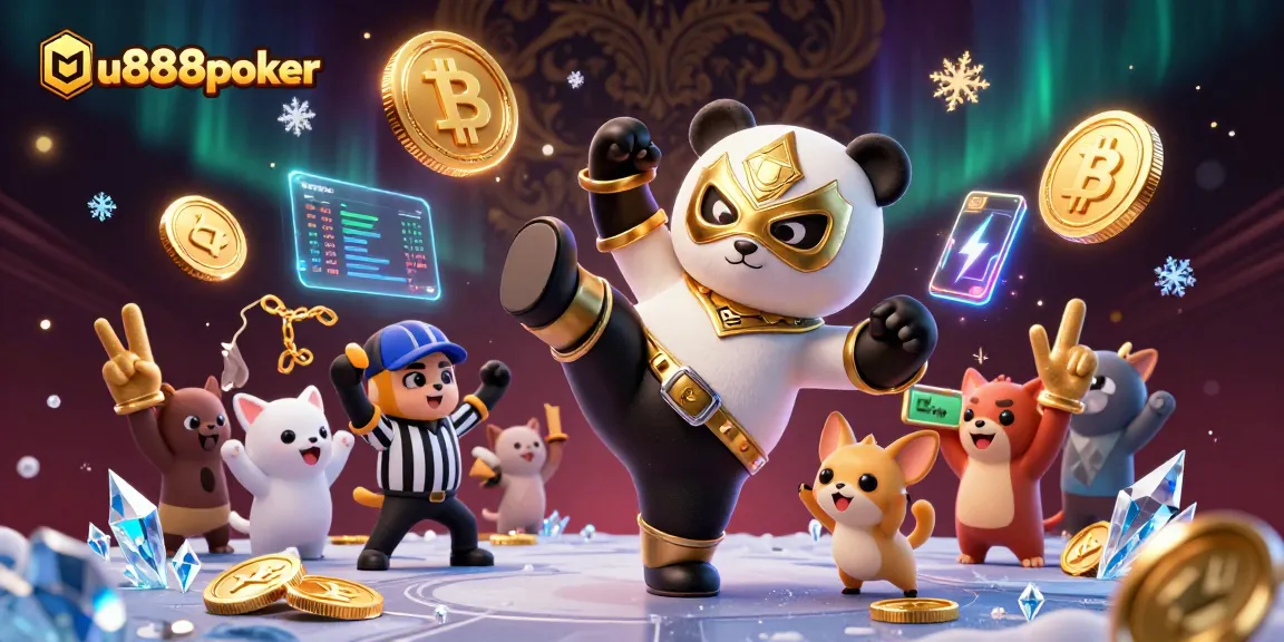 Experience the excitement of u888poker with a vibrant 3D illustration showcasing animated characters and casino elements.