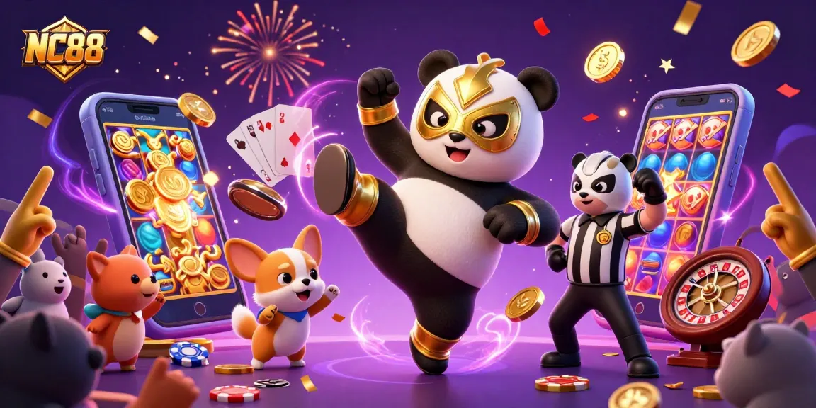 Experience thrilling casino action with NC88 where a wrestler panda kicks in a colorful gaming scene.