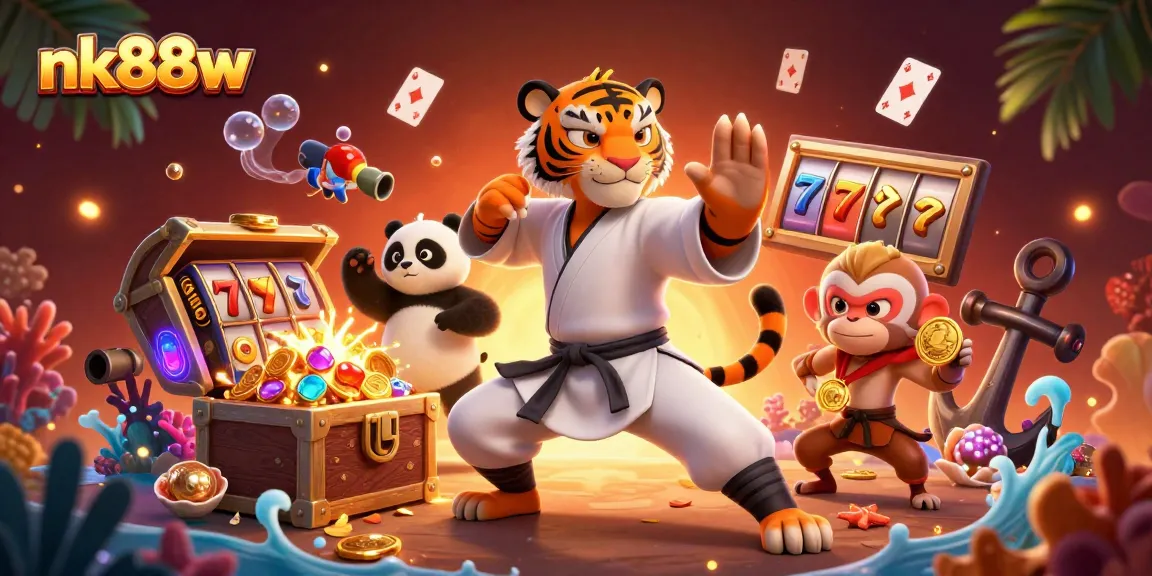Engage in thrilling gameplay with nk88w as the kung fu tiger and friends navigate a vibrant casino scene filled with treasures.