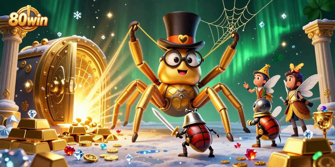 80win showcases thrilling casino games with a vibrant illustration of a golden spider weaving excitement.
