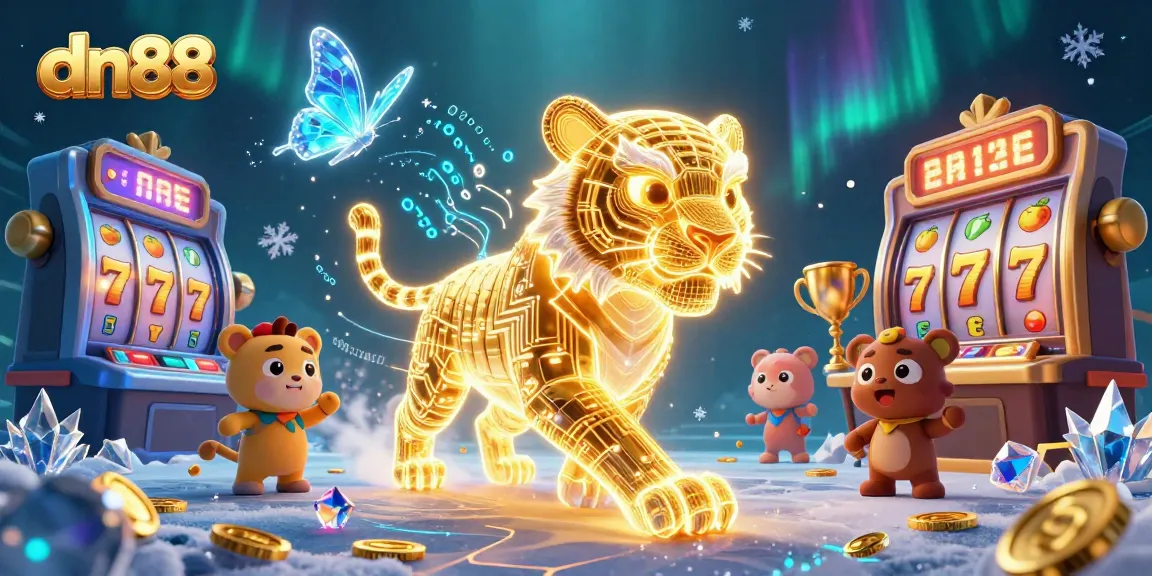 Experience thrilling gaming at dn88 with a neon-lit tiger amidst a vivid digital casino.