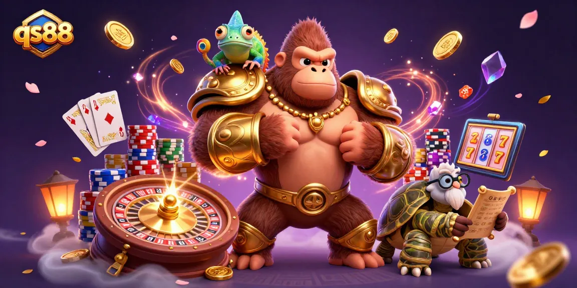 Engage with qs88's vibrant casino adventure featuring a gorilla king and colorful game elements.