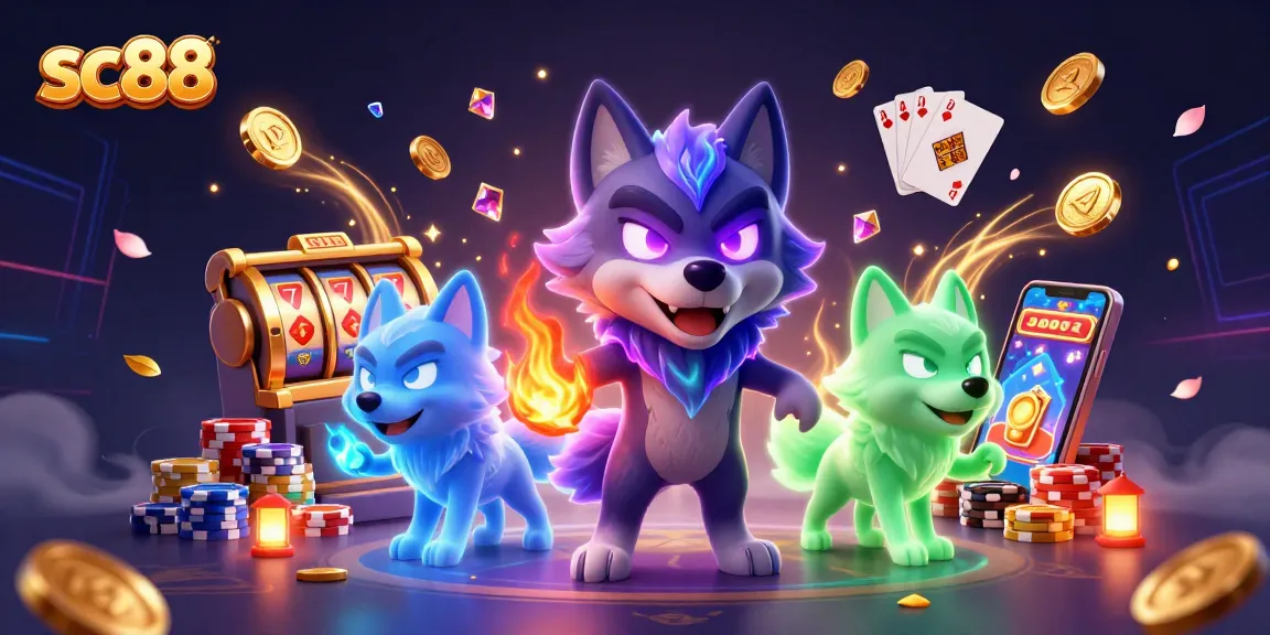 Engage with sc88's thrilling casino experience featuring a cartoon wolf pack leader among golden coins and cards.