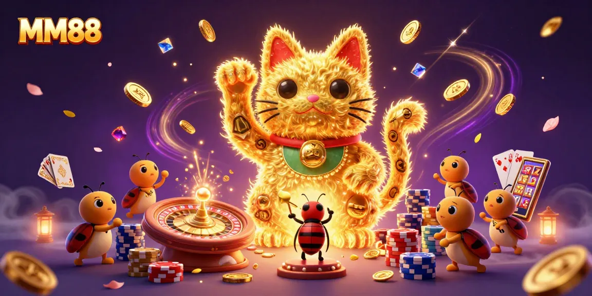 Engage with the MM88 lucky cat amidst flying casino symbols and vibrant game elements.