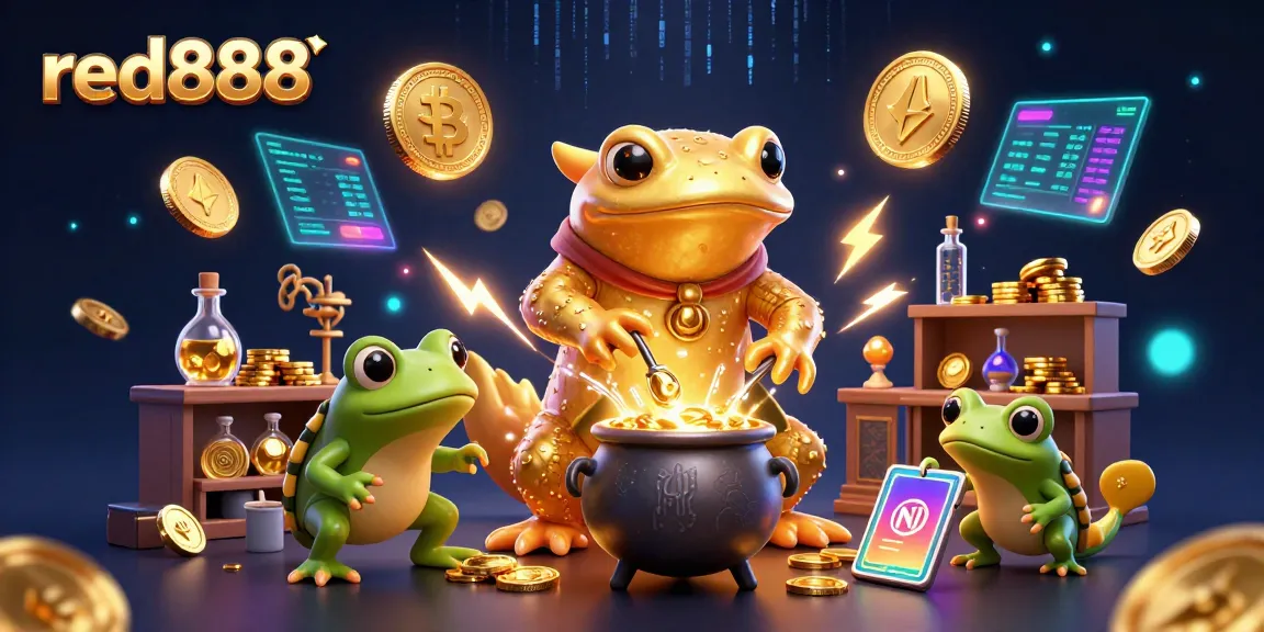 Engage with red888's dynamic crypto gaming scene, showcasing a magical alchemist and fortune elements.