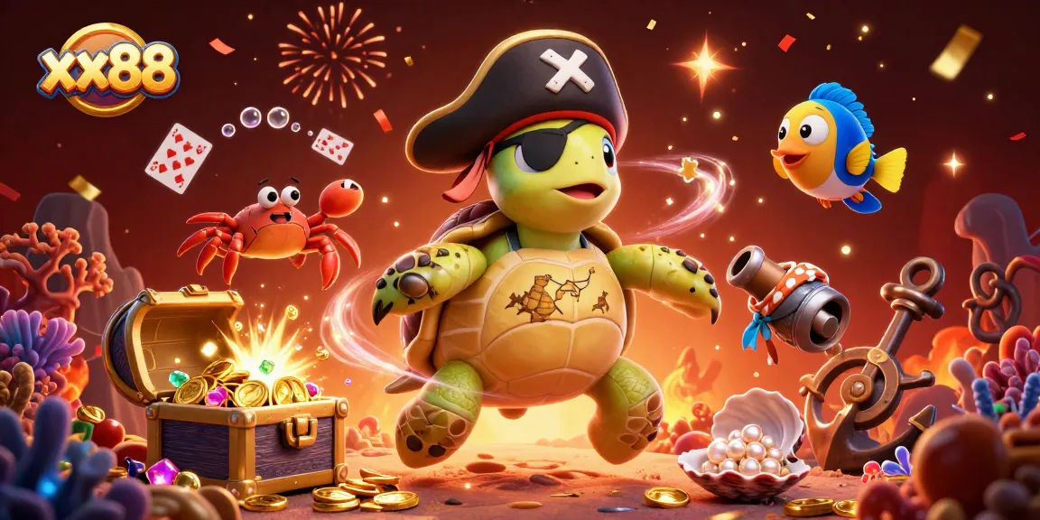 Join the excitement at xx88, where a turtle and friends unveil treasures in a vibrant casino scene.