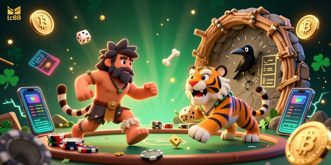 Join the fun at lc88 casino with a vibrant 3D scene of cartoon characters playing with glowing Bitcoin and Ethereum elements.