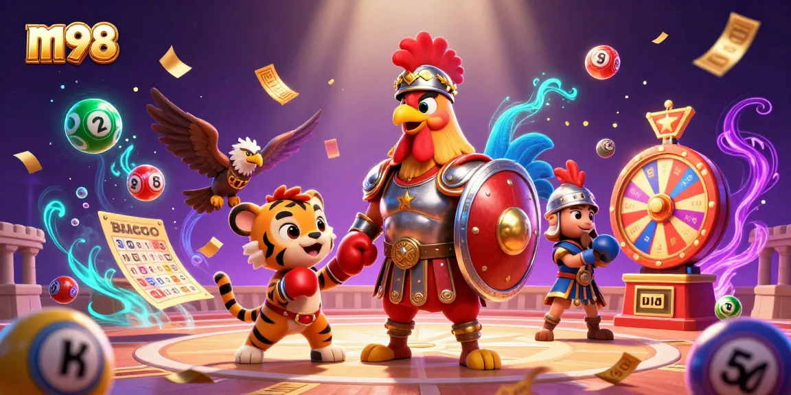 Engage with m98’s exciting casino adventure featuring colorful lottery elements and a gladiator rooster hero.