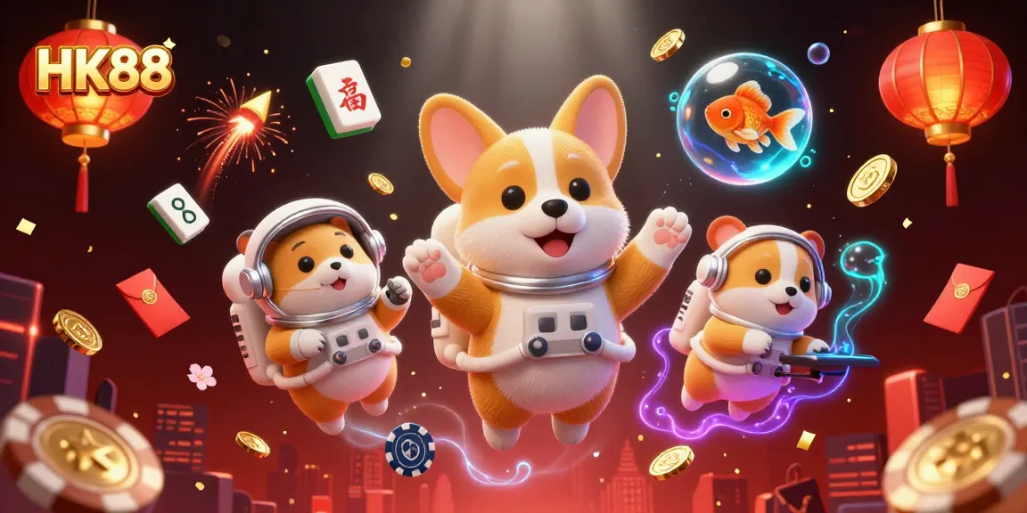 HK88’s exciting gaming atmosphere captured in a vibrant 3D casino scene featuring a corgi and hamster.
