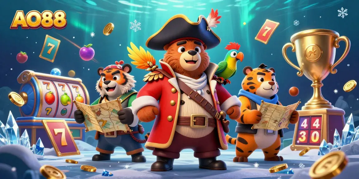 Experience thrilling casino adventures with AO88, featuring a pirate bear and tiger amid slot reels and jackpot excitement.
