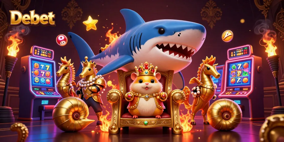 Win big at Debet with a tiny golden hamster king and vibrant slot machines in a lively casino scene.