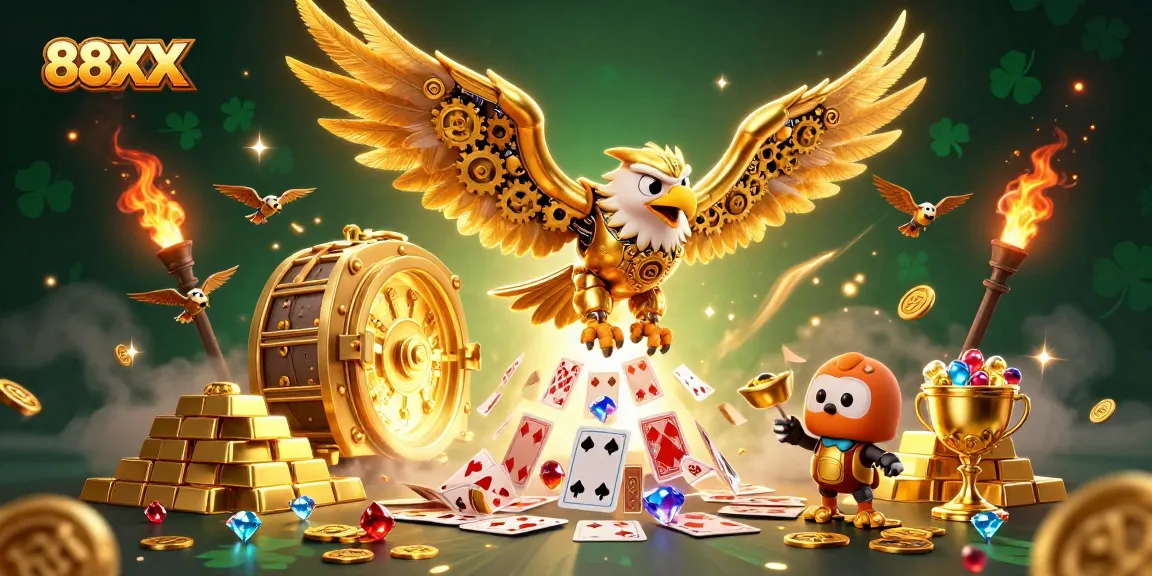 Engage with 88XX in an ultra-detailed 3D illustration showcasing a cybernetic eagle and gaming elements.