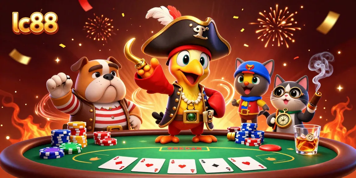 Play thrilling poker at lc88 with a vibrant casino scene featuring a cartoon pirate captain and dynamic game elements.