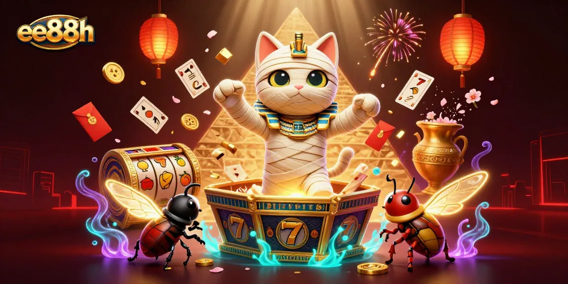 Engage with ee88h's thrilling slots experience featuring a lively Egyptian mummy cat and scarab in a vibrant casino