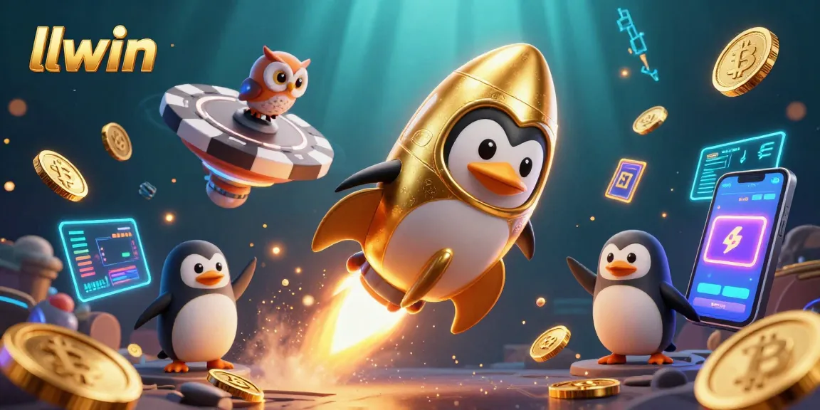 Engage with llwin's vibrant casino experience featuring a golden penguin and futuristic elements.