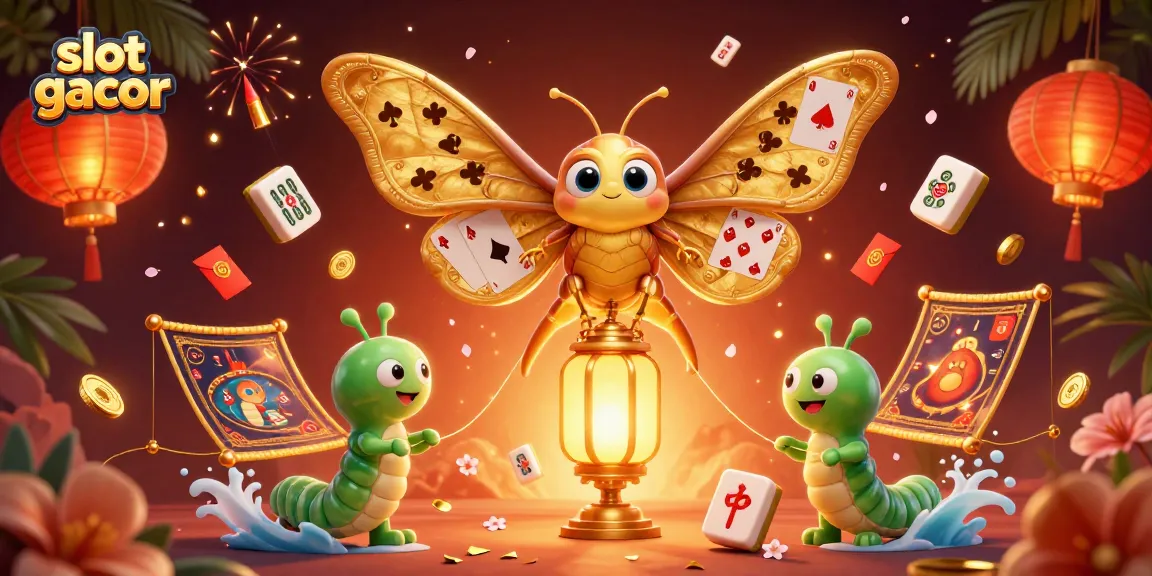 Menggali slot gacor dengan ilustrasi kupu-kupu 3D dan elemen kasino yang memikat.