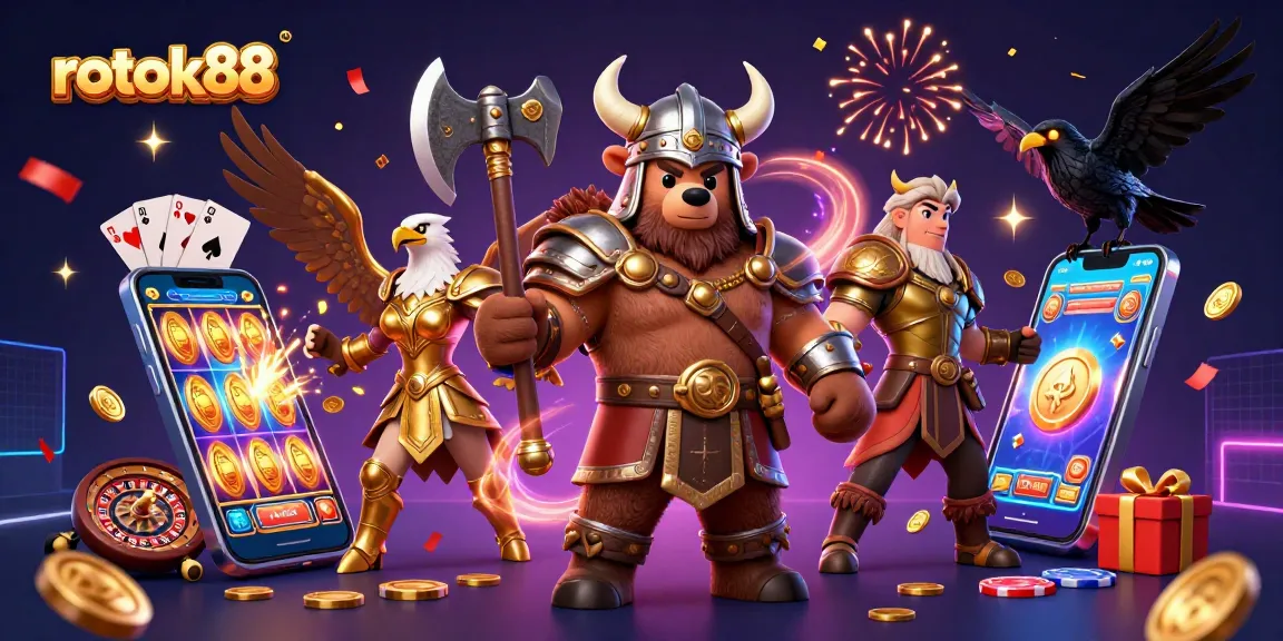 Join the fun at rokok88 as the Viking bear and Valkyrie eagle celebrate big wins in a vibrant casino scene.