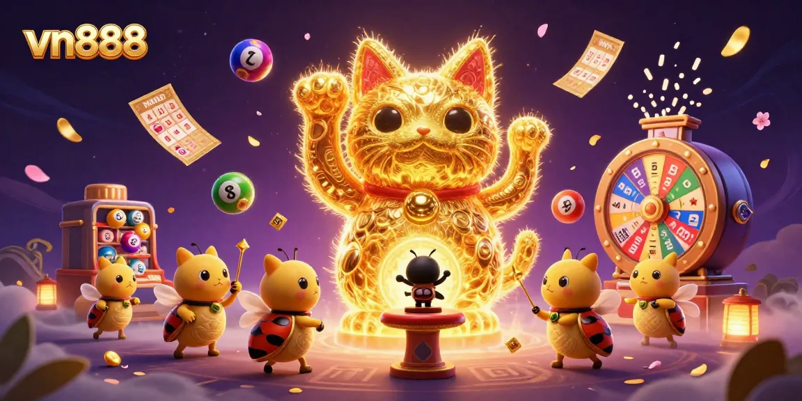 Experience vn888's vibrant casino atmosphere with dynamic lottery balls and a lucky cat.