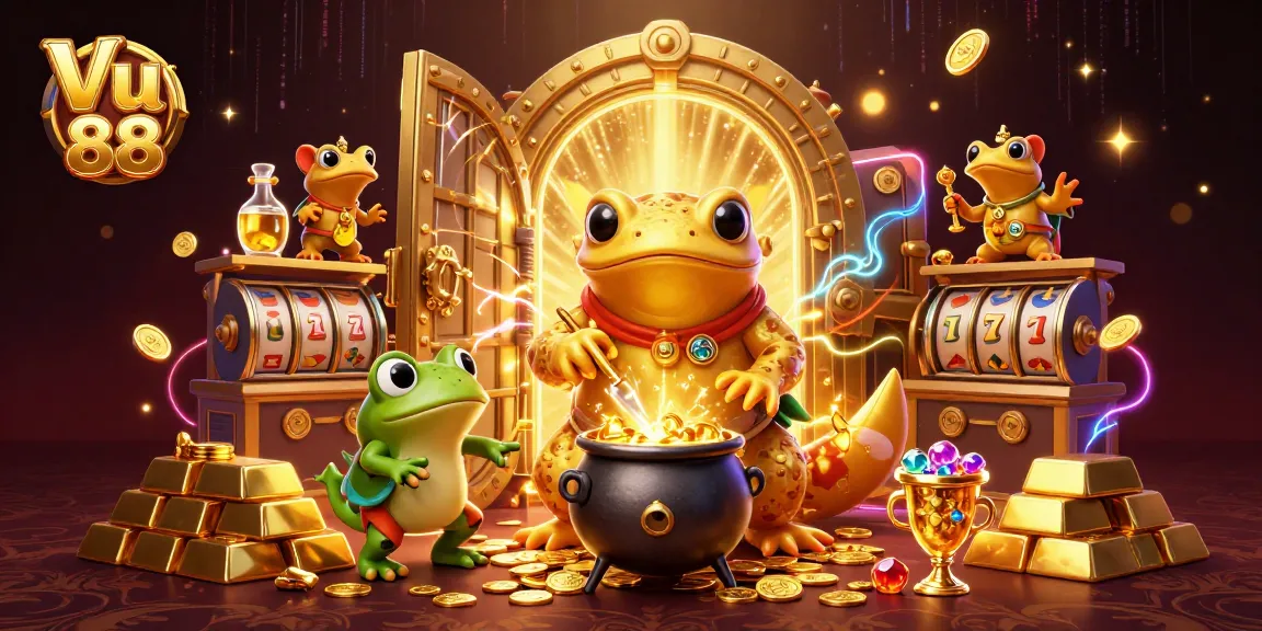 Vu 88 showcases a vibrant 3D illustration of casino elements featuring gold coins and rich details.