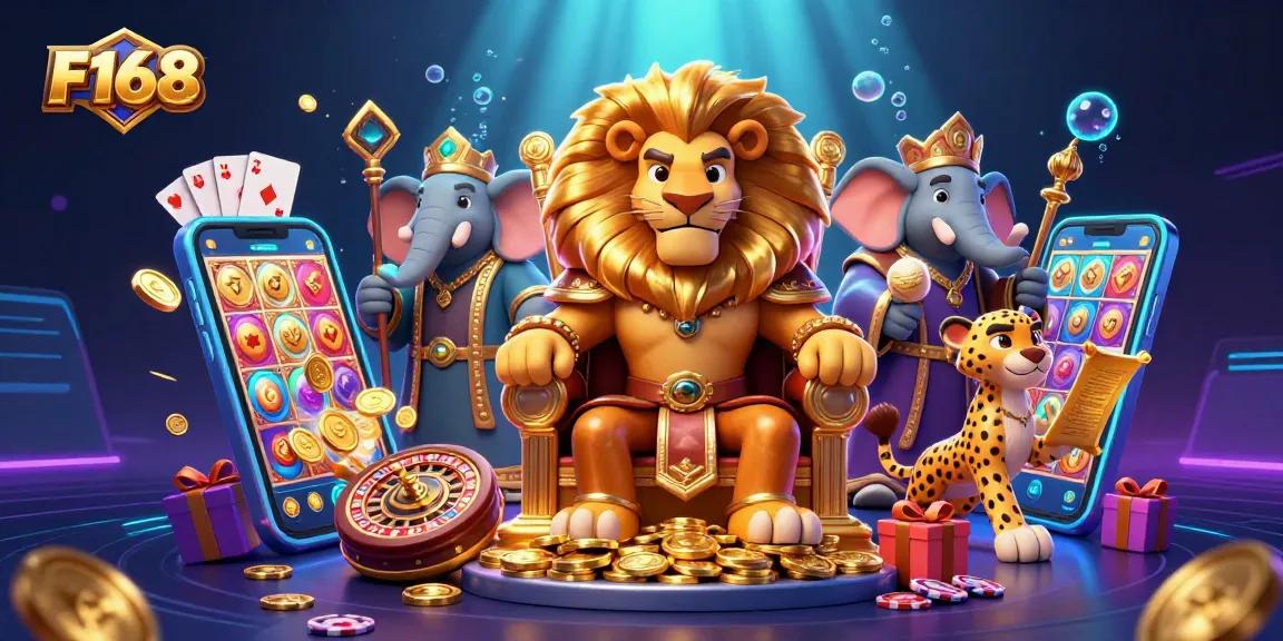 Experience winning strategies at F168, a dynamic online casino scene with vibrant game elements and a regal theme.